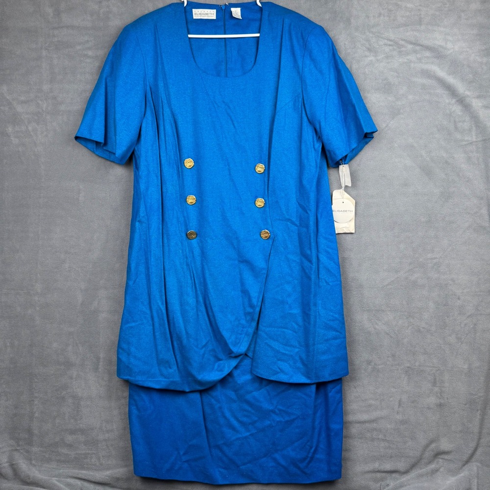 NWT Elisabeth Liz Claiborne Silk Blue Double Breasted Sheath Dress Size 14